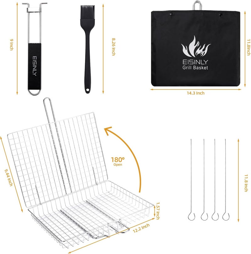 Eisinly Portable Grill Basket, BBQ Grilling Basket for Outdoor Grill with Removable Handle, Stainless Steel Camping Cooking Grill Accessories for Chicken Fish Vegetable - Image 3